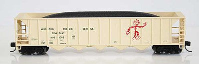Fox Valley Models 836106 N Scale Ortner 5-Bay Rapid Discharge Hopper with Coal Load - Ready to Run -- Missouri Public Service 1075 (beige, red, black, Reddy Kilowatt Logo)