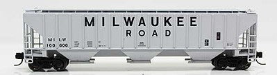 Fox Valley Models 852092 N Scale 4740 Cu.Ft. 3-Bay Covered Hopper - Ready to Run -- Milwaukee Road 100610 (gray, Billboard Lettering)