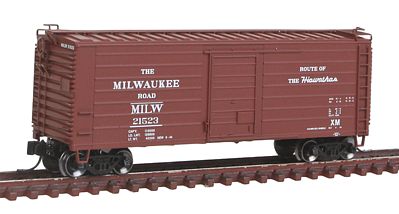 Fox Valley Models 90221 N Scale Short-Rib 40' Rib-Side Boxcar - Ready to Run -- Milwaukee Road #21523 (Boxcar Red, Hiawathas Slogan)