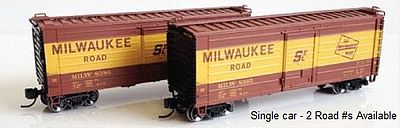 Fox Valley Models 90267 N Scale Short-Rib 40' Rib-Side Boxcar - Ready to Run -- Milwaukee Road #8365 (Boxcar Red, yellow Band)