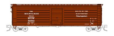 Fox Valley Models 90413 N Scale Milwaukee Road 50' Single-Door Rib-Side Boxcar - Ready to Run -- Milwaukee Road #50063 (Boxcar Red, Electrified Olympian Hiawatha Slogan)