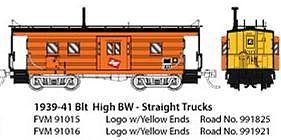 Fox Valley Models 91016 N Scale Milwaukee Road High-Window Rib-Side Caboose w/Oil Door - Ready to Run -- Milwaukee Road #991921 (orange, black Roof, yellow Ends, Logo)