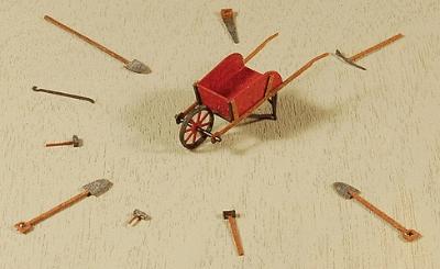 GCLaser 1287 HO Scale Wheelbarrow & Tool Set - Kit (Laser-Cut Wood) -- Wheelbarrow, 3 Shovels, 2 Hammers, Pry Bar, Pick, Saw, Sledge Hammer