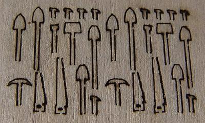 GCLaser 154 N Scale Miniature Tool Set (Laser-Cut Wood) -- 10 Shovels, 4 Saws, 2 Picks, 14 Hammers