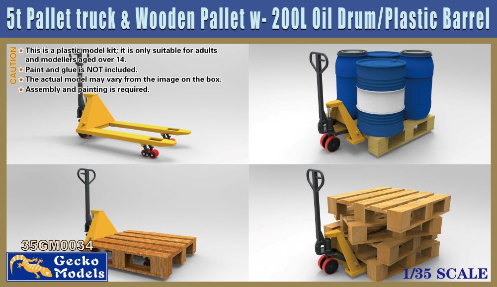 Gecko Models 350034 1/35 5-Ton Pallet Truck & Wooden Pallet w/200L Oil Drums & Barrels