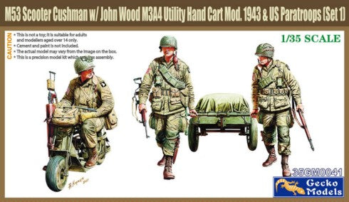 Gecko Models 350041 1/35 WWII Cushman Parascooter, John Wood M3A4 Utility Hand Cart Mod 1943 & 3 US Paratroopers