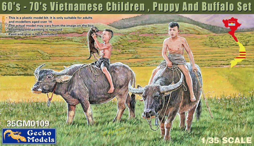Gecko Models 350109 1/35 1960-70s Vietnamese Children (2), Puppy & Water Buffalos (2)