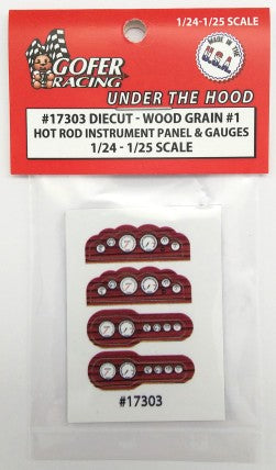 Gofer Racing 17303 1/24-1/25 Hot Rod Instrument Panel & Gauges Wood Grain #1 (Diecut Plastic)
