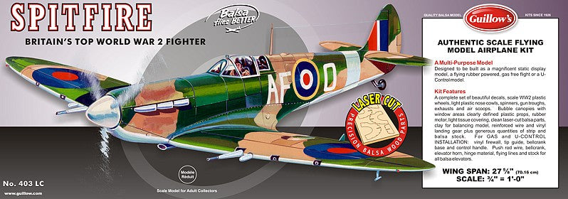 Guillows 403 27-5/8" Wingspan Supermarine Spitfire Laser Cut Kit