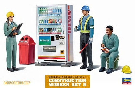 Hasegawa 66006 1/35 Construction Workers Set B: Workers at Rest (3) w/Soda Machine & Trash Can