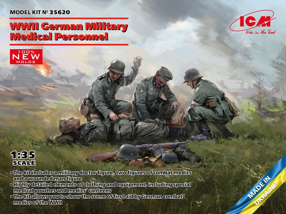 ICM Models 35620 1/35 WWII German Military Medical Personnel (3) w/Wounded Soldier