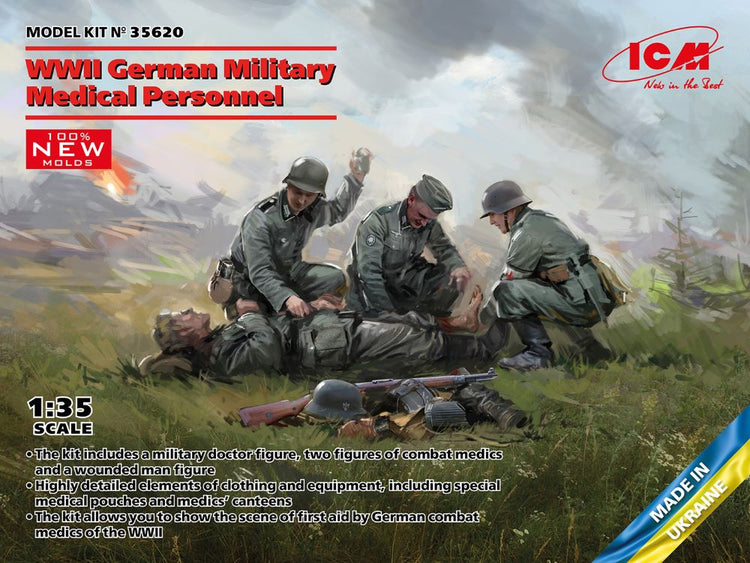 ICM Models 35620 1/35 WWII German Military Medical Personnel (3) w/Wounded Soldier