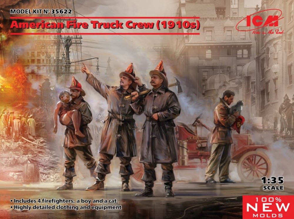 ICM Models 35622 1/35 American Fire Truck Crew (4) w/Boy & Cat 1910s