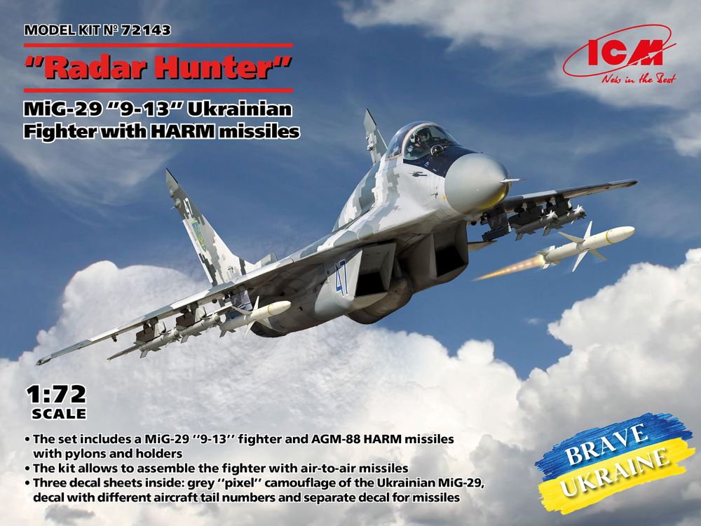 ICM Models 72143 1/72 Brave Ukraine: Radar Hunter MiG29 9-13 Ukrainian Fighter w/HARM Missiles