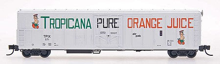 Intermountain Railway 21001 N Scale 57' Mechanical Refrigerator Car - Ready to Run -- Tropicana (1972, white, green, orange, 2 figures)