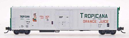 Intermountain Railway 21003 N Scale 57' Mechanical Refrigerator Car - Ready to Run -- Tropicana (1979, white, green, orange, green ends, 1 figure)