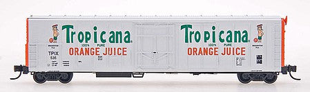 Intermountain Railway 21004 N Scale 57' Mechanical Refrigerator Car - Ready to Run -- Tropicana (1983, white, green, orange ends, 2 figures, Updated Lettering)