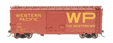 Intermountain Railway 38903 HO Scale 1937 AAR 10'6" Welded Boxcar, 4-3-1 Dreadnaught Ends, 8' Door - Ready to Ru -- Western Pacific (Boxcar Red, yellow, Billboard WP)