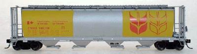 Intermountain Railway 45125 HO Scale 59' 4-Bay Cylindrical Covered Hopper - Trough Hatch Version - Ready to Run -- Government of Canada CNWX (Silver w/Bright Yellow Band)