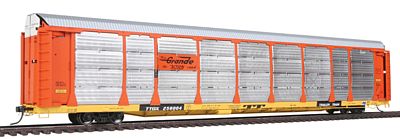 Intermountain Railway 45261 HO Scale Bi-Level Auto Rack - Ready to Run -- Denver & Rio Grande Western Rack (orange), Trailer-Train Flat (yellow)