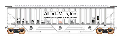 Intermountain Railway 45287 HO Scale 4750 Cubic Foot 3-Bay 18 Rib Covered Hopper - Ready to Run -- Allied Mills PTLX (white, black)