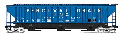 Intermountain Railway 45292 HO Scale 4750 Cubic Foot 3-Bay 18 Rib Covered Hopper - Ready to Run -- Percival Grain PTLX (blue, black, white)