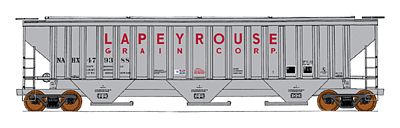 Intermountain Railway 45293 HO Scale 4750 Cubic Foot 3-Bay 18 Rib Covered Hopper - Ready to Run -- Lapey Rouse Grain Corp. NAHX (gray, red)