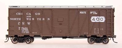 Intermountain Railway 46072 HO Scale 40' War Emergency Single-Sheathed Wood Boxcar - Ready to Run -- Chicago & North Western (Boxcar Red, silver; Route of the 400 Logo)