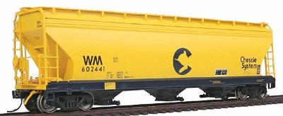 Intermountain Railway 47006 HO Scale ACF 4650 Cubic Foot 3-Bay Covered Hopper - Ready to Run -- Chessie System WM (yellow, blue)