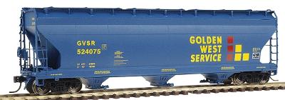 Intermountain Railway 47050 HO Scale ACF 4650 Cubic Foot 3-Bay Covered Hopper - Ready to Run -- Golden West Service GVSR (blue, yellow, red)