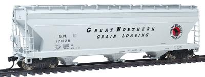 Intermountain Railway 47051 HO Scale ACF 4650 Cubic Foot 3-Bay Covered Hopper - Ready to Run -- Great Northern (1966, gray, black, Slanted Lettering, red Rocky Logo)