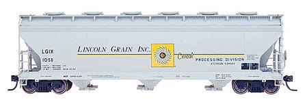 Intermountain Railway 47090 HO Scale ACF 4650 Cubic Foot 3-Bay Covered Hopper - Ready to Run -- Lincoln Grain LGIX (gray, yellow, black)