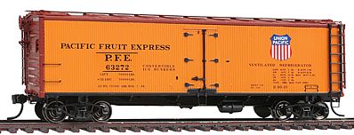 Intermountain Railway 47410 HO Scale PFE Class R-40-19 40' Wood Reefer w/Steel Roof & Ends - Ready to Run -- Pacific Fruit Express (orange, brown, Single Logo)