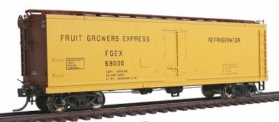 Intermountain Railway 47720 HO Scale Fruit Growers Express Wood Refrigerator Car - Ready to Run -- Fruit Growers Express NH (yellow, Boxcar Red)