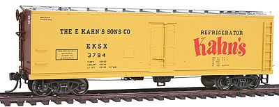 Intermountain Railway 47729 HO Scale Fruit Growers Express Wood Refrigerator Car - Ready to Run -- Kahn's EKSX (yellow, silver, Boxcar Red)