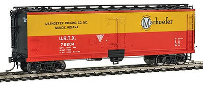 Intermountain Railway 47736 HO Scale Fruit Growers Express Wood Refrigerator Car - Ready to Run -- Marhoefer Packing URTX (yellow, red, black)