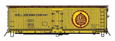 Intermountain Railway 47743 HO Scale Fruit Growers Express Wood Refrigerator Car - Ready to Run -- Odell Brewing Co. (Micro Brewery Fantasy Scheme, yellow, Boxcar Red, Logo)