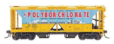 Intermountain Railway 48643 HO Scale 1958 Cubic Foot 2-Bay Covered Hopper w/Open Sides - Ready to Run -- Polybor-Chlorate NAHX (blue, yellow, black, red)