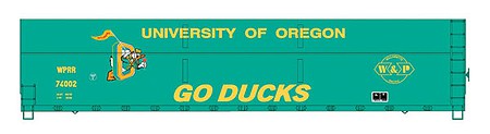 Intermountain Railway 6521005 N Scale FMC Welded-Side Wood Chip Gondola - Ready to Run - Value Line -- Willamette & Pacific #74002 (Univ. on Oregon Ducks, green, Team Logo)