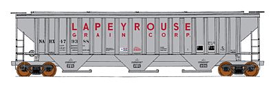 Intermountain Railway 65293 N Scale 4750 Cubic Foot 3-Bay 18 Rib Covered Hopper - Ready to Run -- Lapey Rouse Grain Corp. NAHX (gray, red)