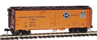Intermountain Railway 65520 N Scale R-40-23 Steel Ice Reefer - Ready to Run -- Pacific Fruit Express (yellow-orange, black lettering, black & white heralds)