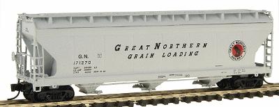 Intermountain Railway 67051 N Scale ACF 4650 Cubic Foot 3-Bay Covered Hopper - Ready to Run -- Great Northern (1966, gray, black, Slanted Lettering, red Rocky Logo)