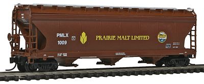 Intermountain Railway 67074 N Scale ACF 4650 Cubic Foot 3-Bay Covered Hopper - Ready to Run -- Prairie Malt Limited (green-brown, yelllow)