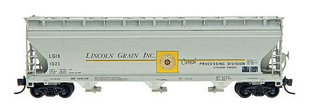 Intermountain Railway 67090 N Scale ACF 4650 Cubic Foot 3-Bay Covered Hopper - Ready to Run -- Lincoln Grain LGIX (gray, yellow, black)
