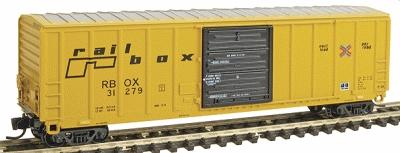 Intermountain Railway 67509 N Scale Pullman-Standard 5277 Cu.Ft. Exterior-Post Boxcar - Ready to Run - Pinnacle -- Railbox (Later Scheme, yellow, black, red, blue, Small Logo)