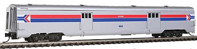 Intermountain Railway 7650 N Scale Centralia Car Shops Streamlined Smooth-Side Baggage Car - Ready to Run -- Amtrak (Phase I, Platinum Mist, red, blue)