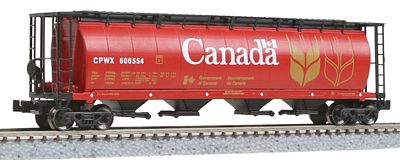 Intermountain Railway 85102 Z Scale 59' 4-Bay Cylindrical Covered Hopper - Trough Hatch Version - Ready to Run -- Government of Canada CPWX (red, yellow, black, white)