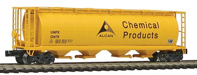 Intermountain Railway 85232 Z Scale 59' 4-Bay Cylindrical Covered Hopper w/Round Hatches - Ready to Run -- Alcan Chemical Products (yellow, black)