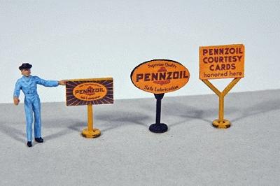 JL Innovative 473 HO Scale Vintage Gas Station Curb Signs -- Pennzoil pkg(3)
