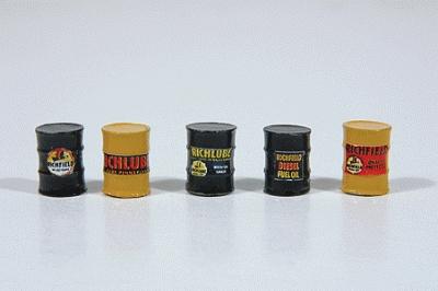 JL Innovative 557 HO Scale Custom Oil Barrels, pkg(5) -- Richfield (black, yellow)